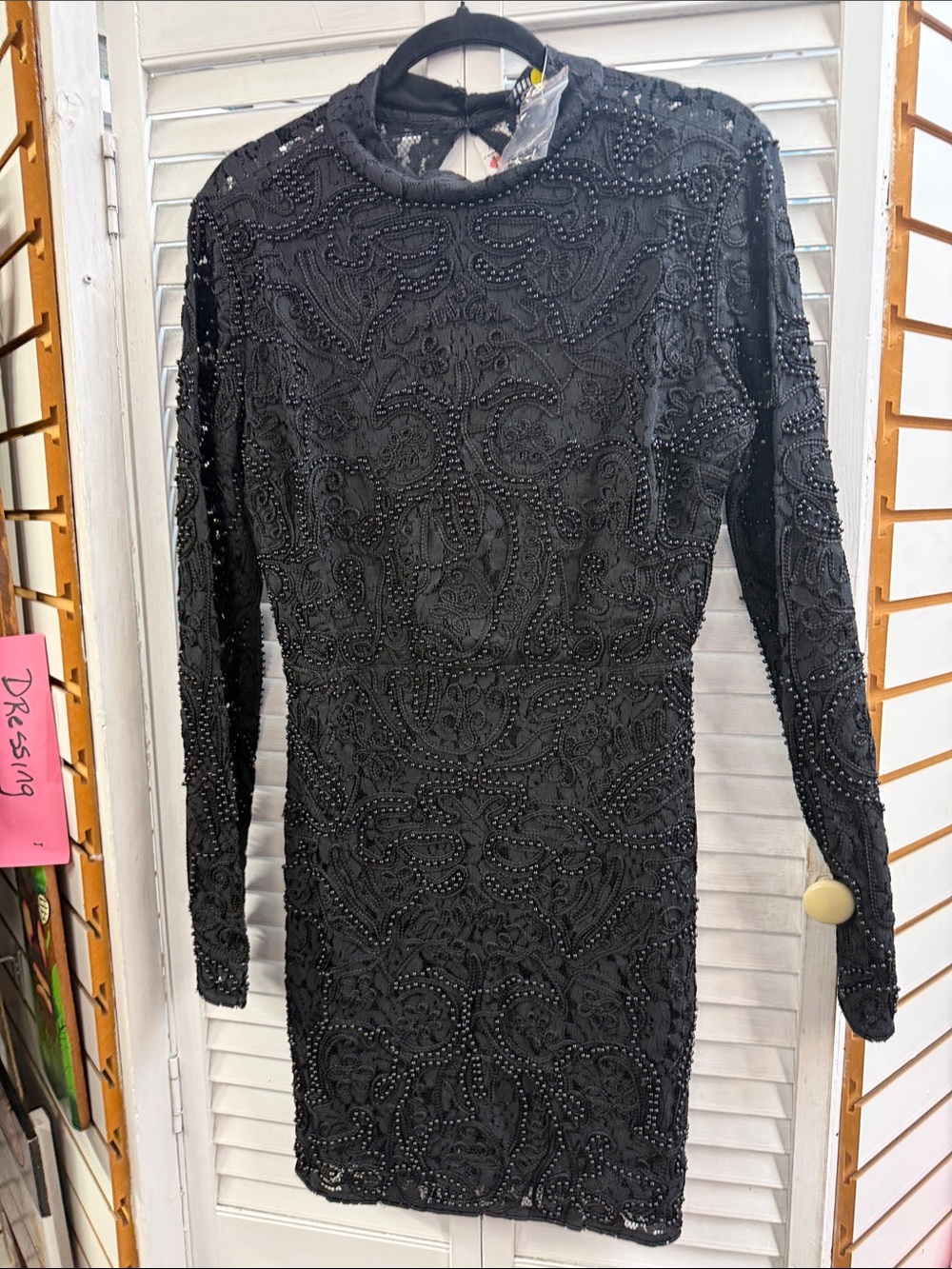 Black Beaded Long-Sleeve Cocktail Dress